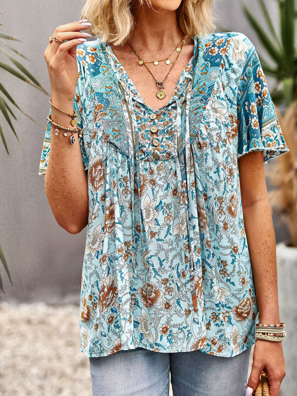 Women’s V Neck Short Sleeve Printed Short Sleeve Shirt - Blue / S