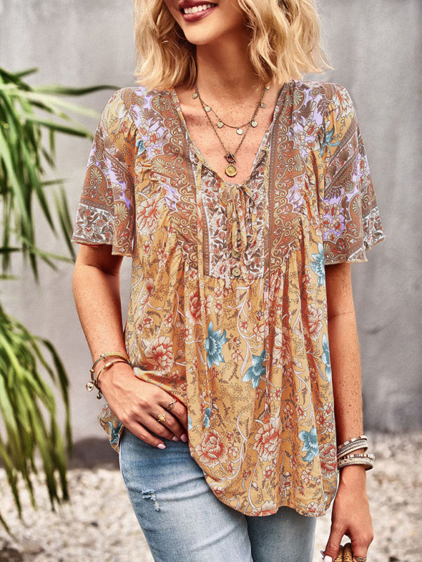 Women’s V Neck Short Sleeve Printed Short Sleeve Shirt - Orange / S
