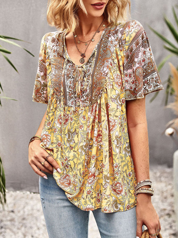 Women’s V Neck Short Sleeve Printed Short Sleeve Shirt - Yellow / S
