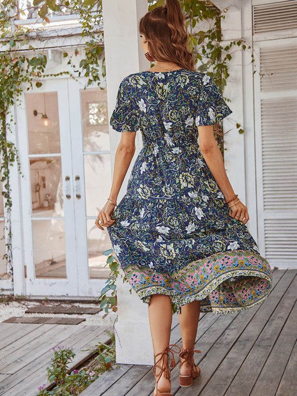 Women’s V-neck short-sleeved bohemian long-sleeved dress
