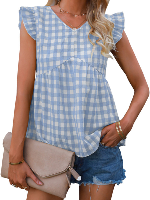 Women's V-neck sleeveless Plaid top - Closther