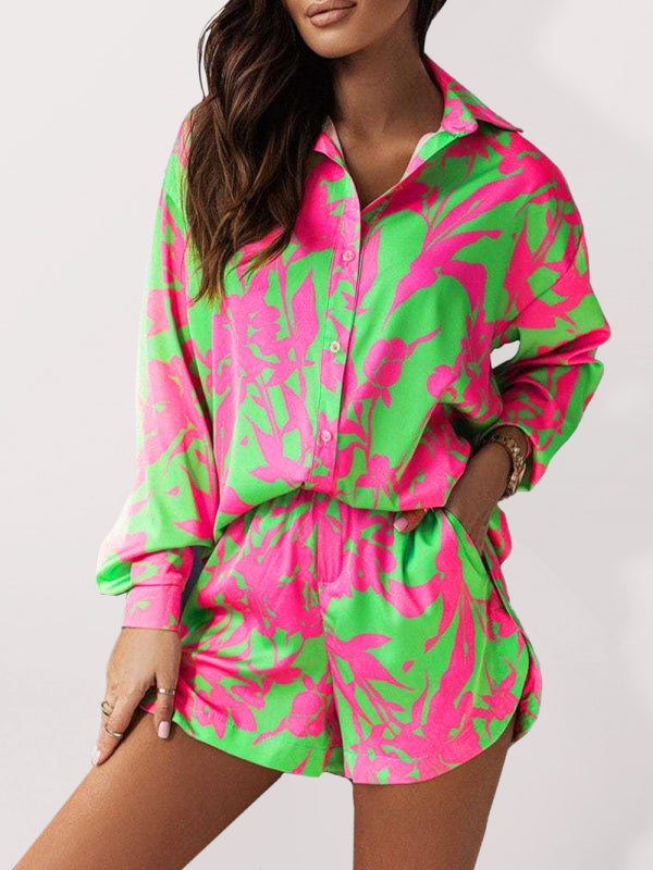 Women’s vacation style printed shirt + shorts two-piece sets - Green / S