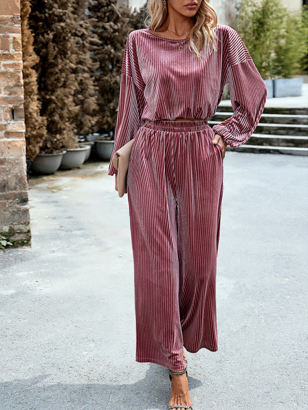 women’s velvet fashion suit women’s casual two-piece set - Pink / S
