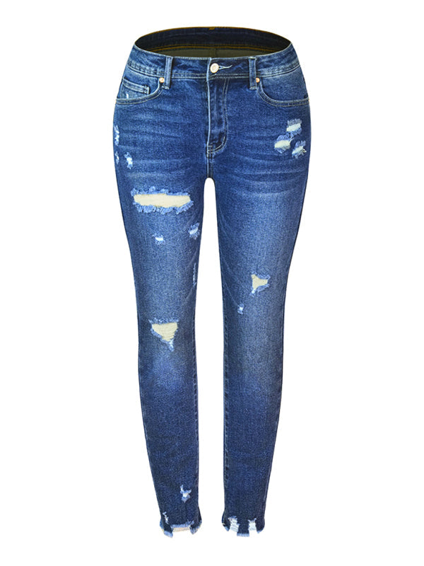 Women’s Washed Frayed Tassel Slim High Elastic Skinny Jeans