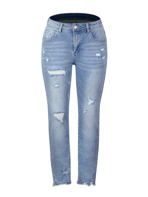 Women’s Washed Frayed Tassel Slim High Elastic Skinny Jeans