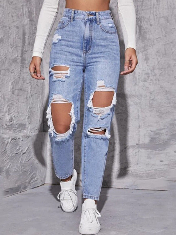 Women’s washed ripped high waist straight trousers - Blue / S