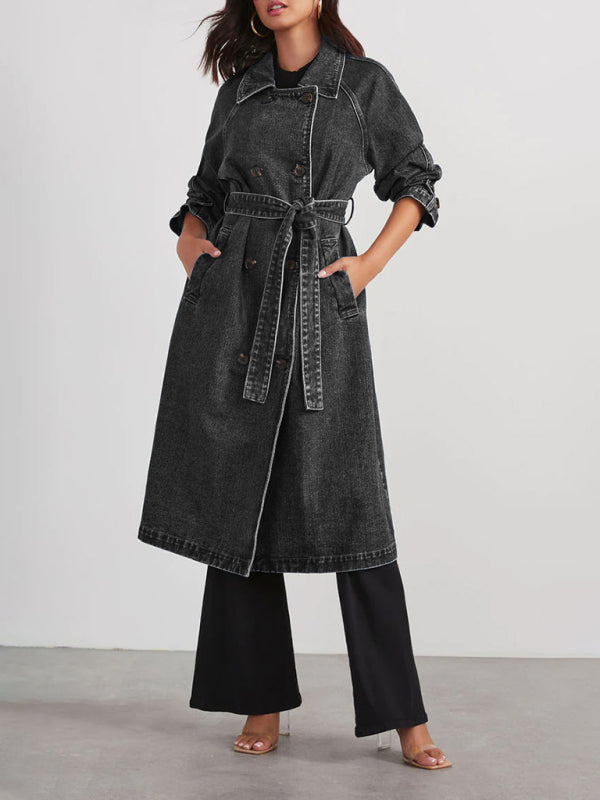 Women’s Windbreaker Denim Cotton Solid Color Double Pockets Long Button Loose Jacket - Black / S