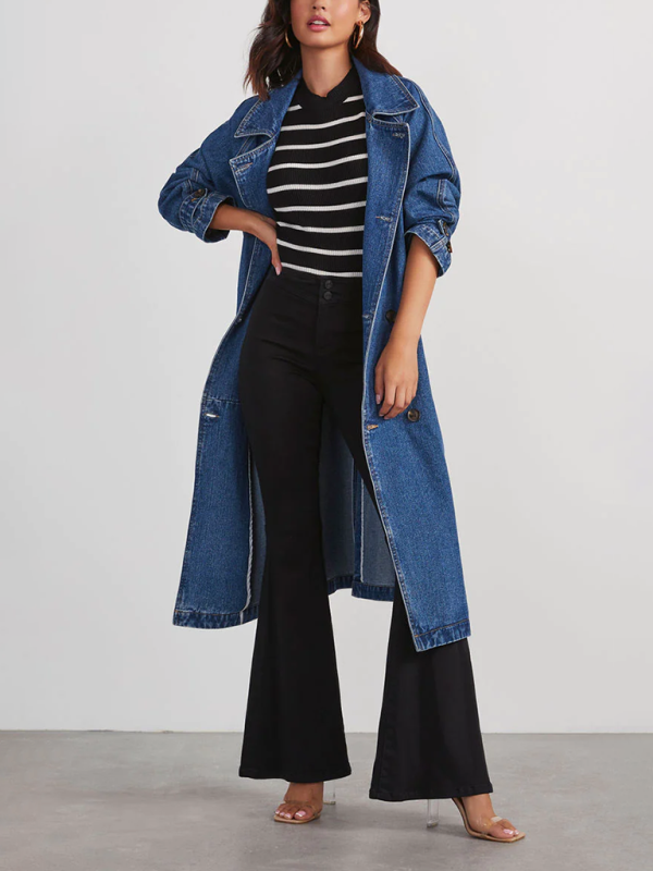 Women’s Windbreaker Denim Cotton Solid Color Double Pockets Long Button Loose Jacket - Denim Blue / S