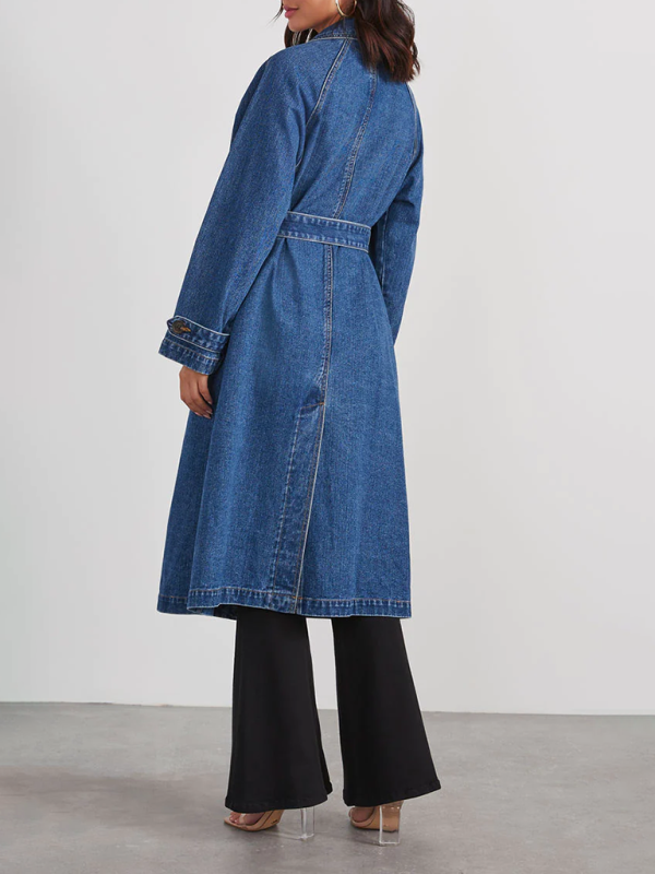 Women’s Windbreaker Denim Cotton Solid Color Double Pockets Long Button Loose Jacket