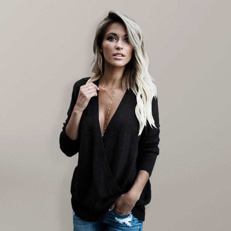 Women’s Wool Knitted Long-Sleeved Big V-Neck Long-Sleeved T-Shirt Women’s Loose Clothing - Black / S