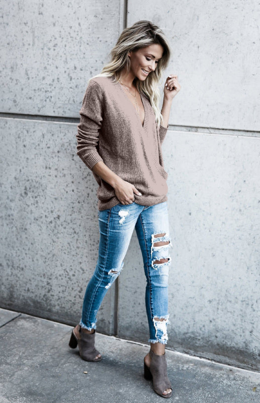 Women’s Wool Knitted Long-Sleeved Big V-Neck Long-Sleeved T-Shirt Women’s Loose Clothing
