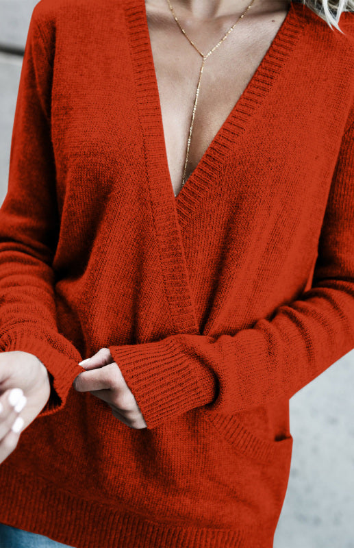 Women’s Wool Knitted Long-Sleeved Big V-Neck Long-Sleeved T-Shirt Women’s Loose Clothing