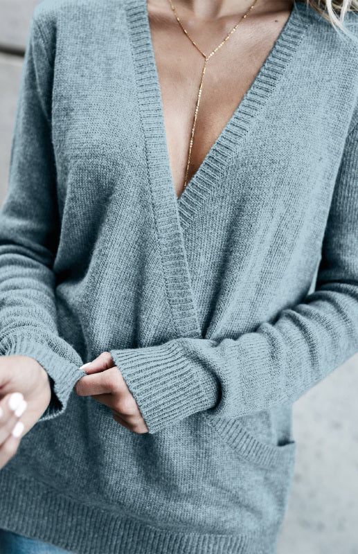 Women’s Wool Knitted Long-Sleeved Big V-Neck Long-Sleeved T-Shirt Women’s Loose Clothing