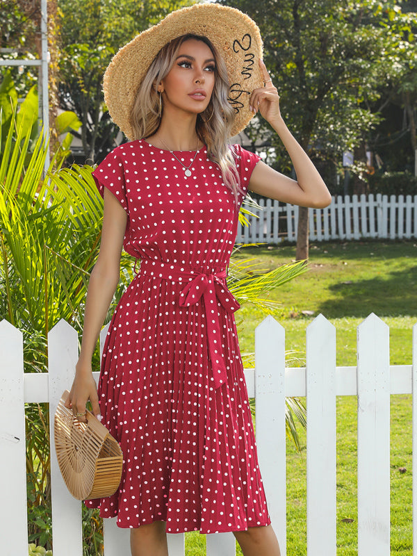 Women’s Woven Polka Dot Pleated Midi Dress - Red / S