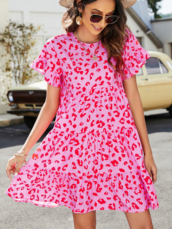 Women’s Woven Printed Round Neck Ruffle Sleeve Loose Dress