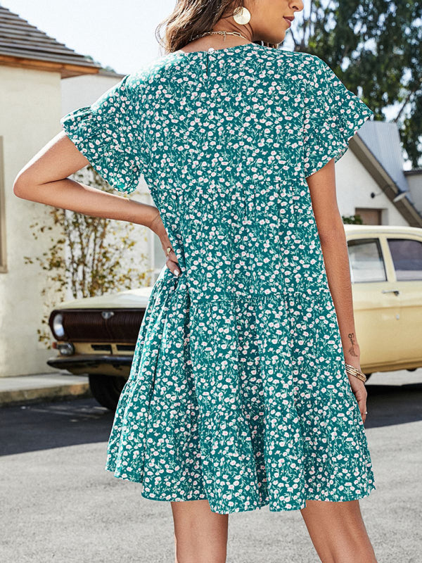 Women’s Woven Printed Round Neck Ruffle Sleeve Loose Dress