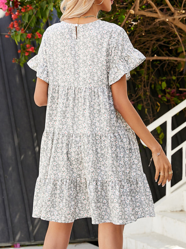 Women’s Woven Printed Round Neck Ruffle Sleeve Loose Dress