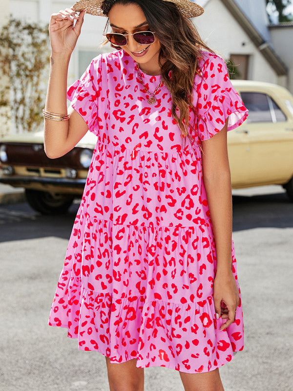 Women’s Woven Printed Round Neck Ruffle Sleeve Loose Dress