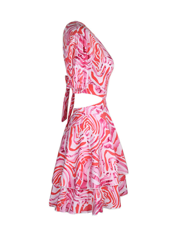 Women’s Woven Round Neck Hollow Backless Ties Abstract Print Dress