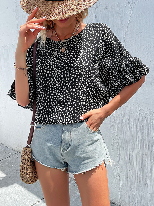 Women’s Woven Round Neck Leopard Dolman-Sleeve Shirt - Black / S
