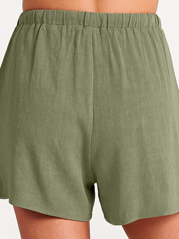 Women’s woven solid color sleeveless loose cotton linen top shorts two-piece set