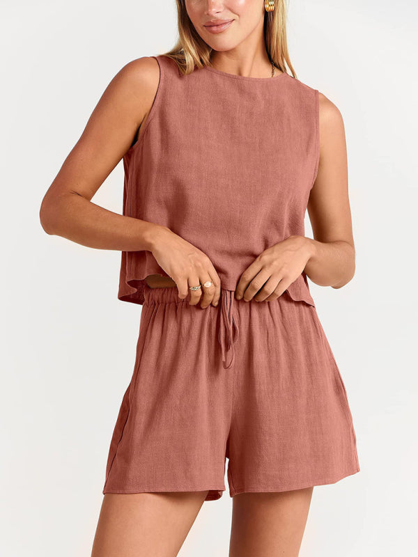 Women’s woven solid color sleeveless loose cotton linen top shorts two-piece set - Brick red / S