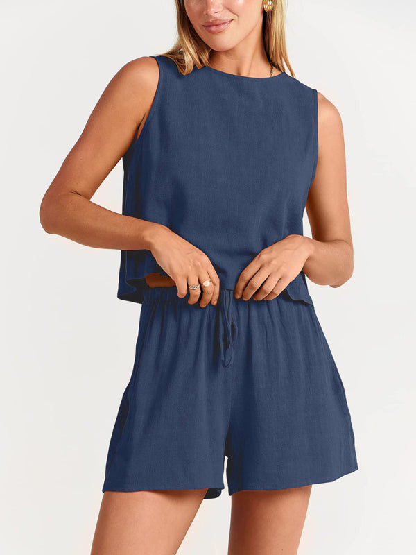 Women’s woven solid color sleeveless loose cotton linen top shorts two-piece set - Champlain color / S