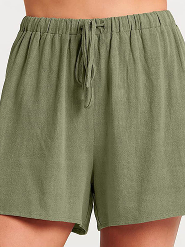 Women’s woven solid color sleeveless loose cotton linen top shorts two-piece set