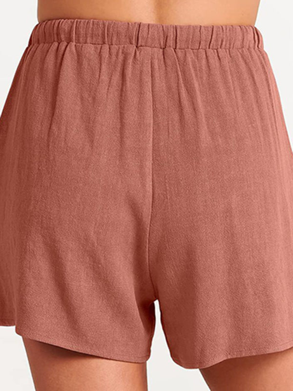 Women’s woven solid color sleeveless loose cotton linen top shorts two-piece set