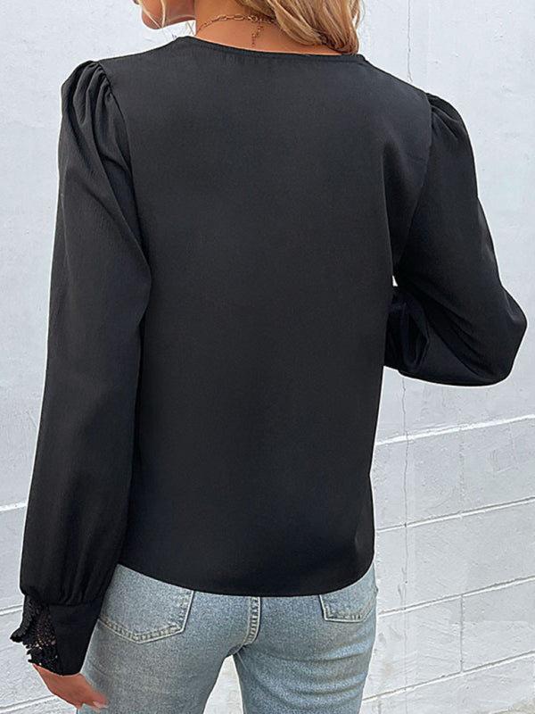 Women’s woven V-neck lace long-sleeved shirt