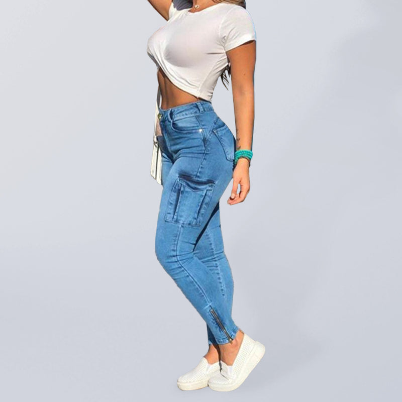 Women’s zipped pocket distressed utility skinny jeans - Clear blue / S