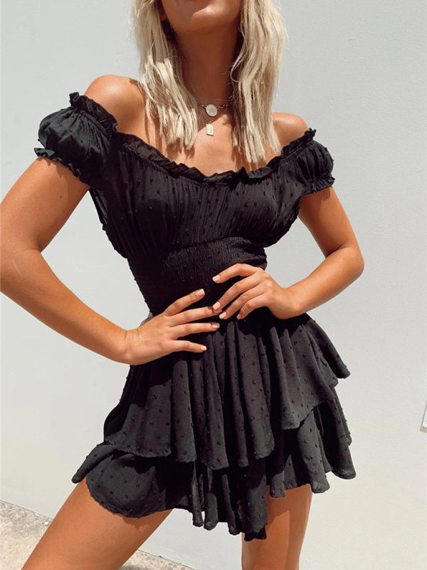 Wood ear side pleated sleeves waist tight irregular hem cake skirt dress - Black / S