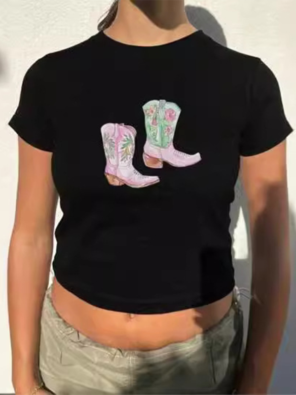 Y2K Boots Print Short Fashion Hot Girls T-Shirt - Black / XS