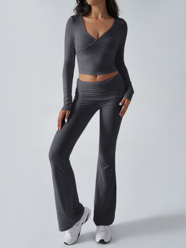 Gray long-sleeved crop top and flared pants set in lightweight feel Yoga Wear Slim Fit Sports Knit Two-Piece Set