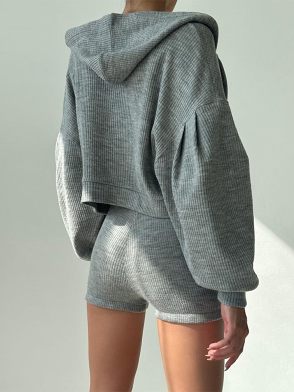 Zippered hooded cardigan sweatshirt V-neck triangle cup bra high waist shorts three-piece set